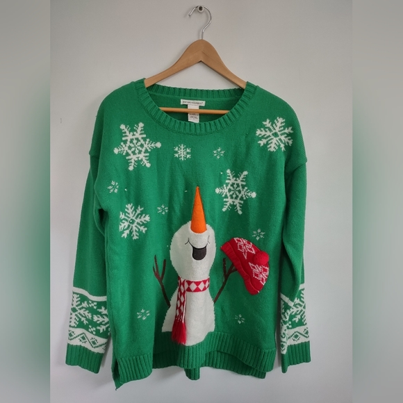 Vintage 90s Y2K Cute Snowman Sweater Sz Large Green Cute Ugly Christmas Party - Picture 1 of 6